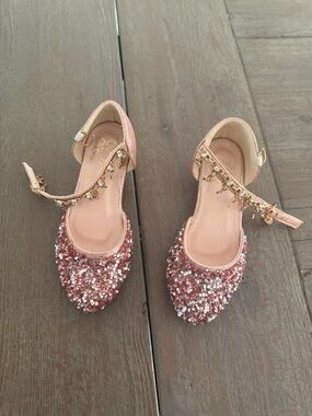 Girls Rose Pink Sequin Ankle-Strap Dress Shoes